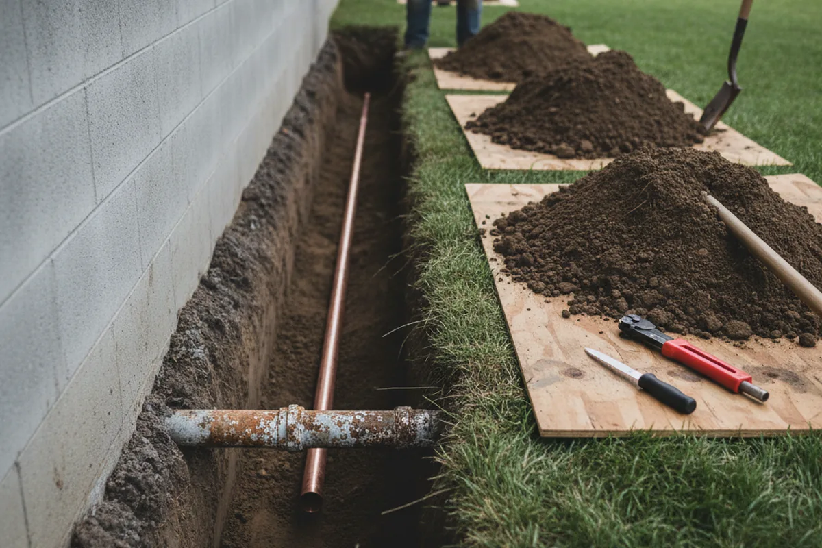 Excavated water line trench during Water Softener Installation in Pacific
